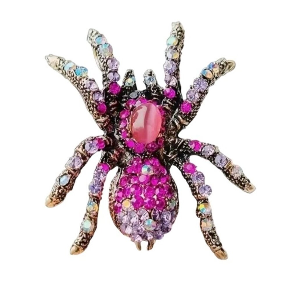 Pink and Iridescent Rhinestone Spider Brooch Pin